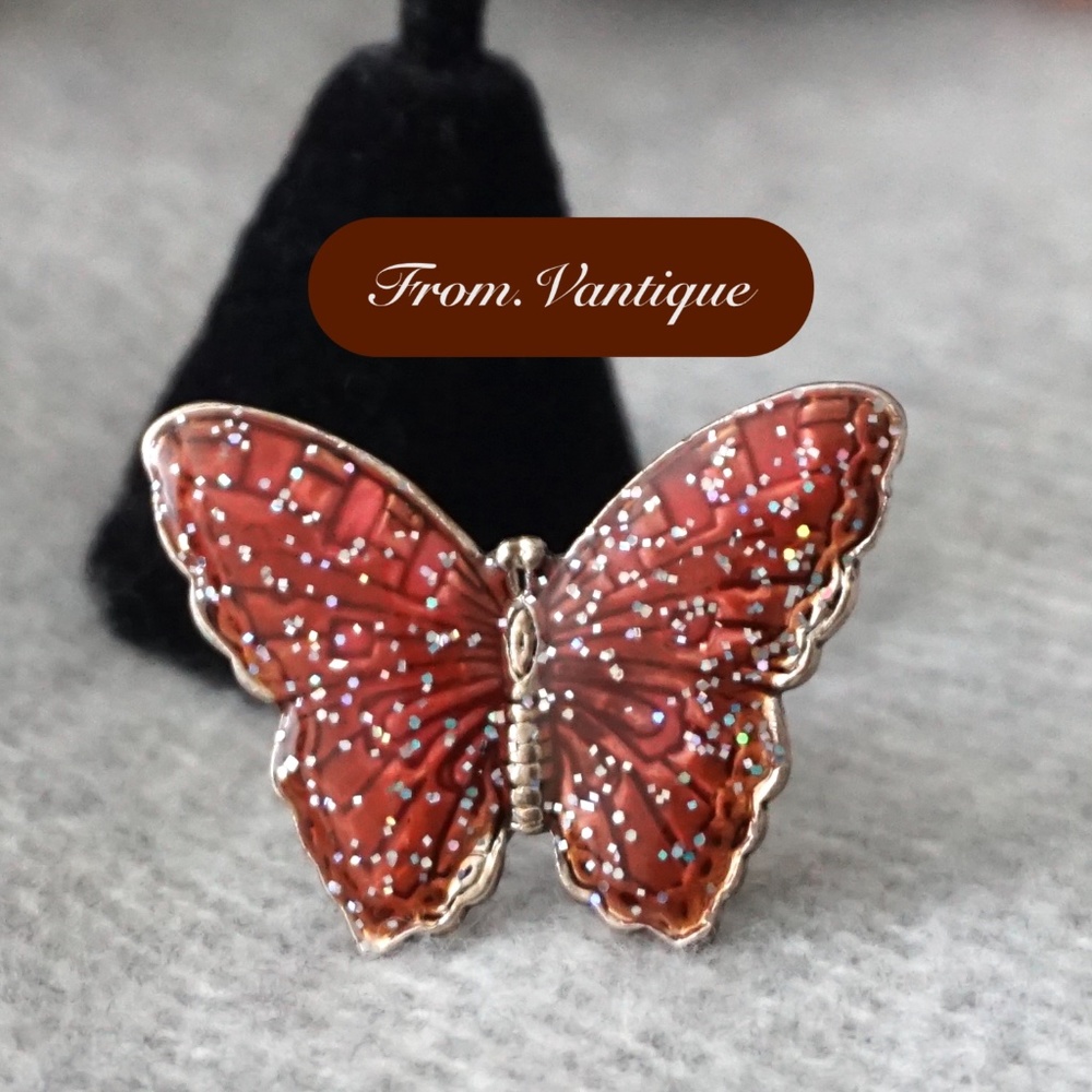 🦋 VINTAGE Sparky Pink Butterfly Silver Adjustable Ring 💍 - Picture 1 of 5